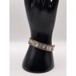 Vintage Hecho En Mexico Abalone Shell Inlay Cuff Bracelet Mixed Metal Brass Tone